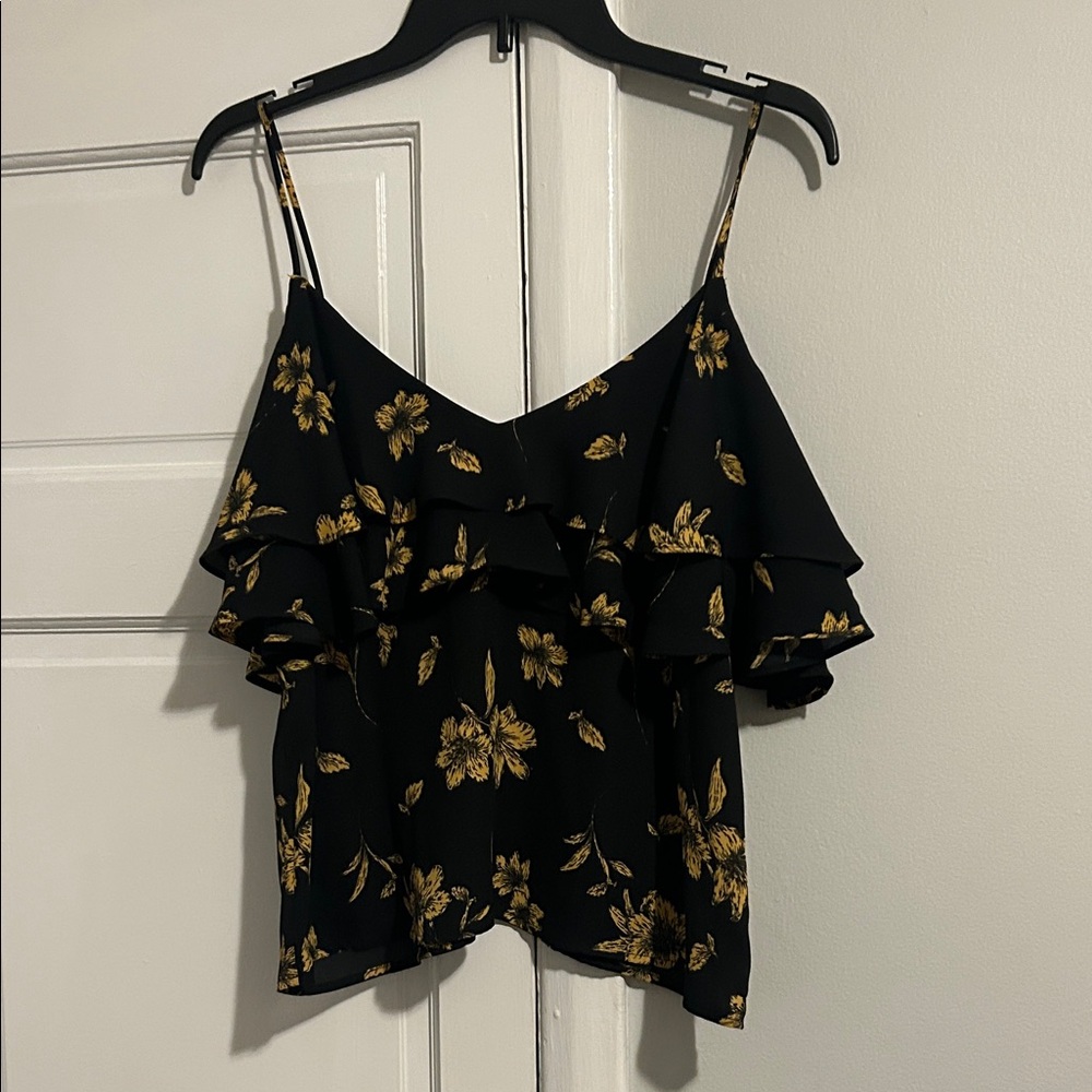 Forever 21 Black and Gold Floral Ruffle Blouse